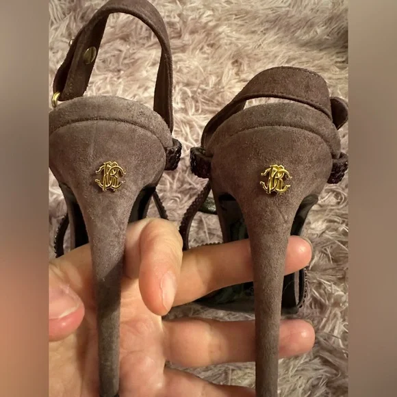 Roberto Cavalli Women Purple Suede Crystal Embellished Strappy Sandal Heel 37 7 - Picture 9 of 16